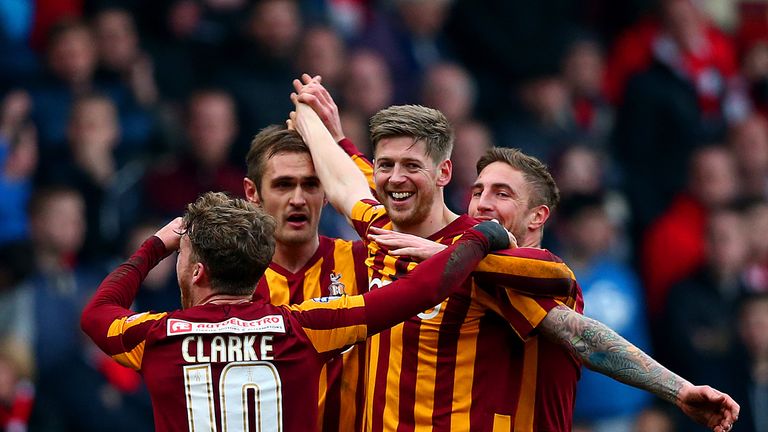 Jon Stead of Bradford celebrates with team-mates after scoring their second goal during the FA Cup Fifth Round match v Sunderland
