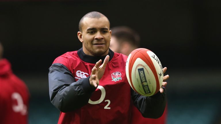 Jonathan Joseph catches the ball during the England captain's run at the Millennium Stadium on February 5, 2015 in Cardiff, Wales