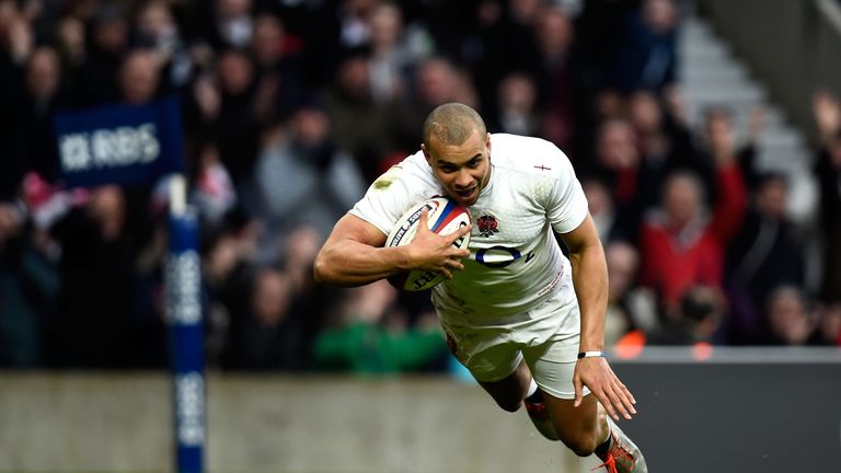 Jonathan Joseph of England goes over to score a try