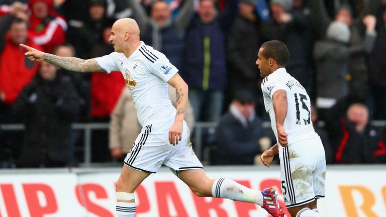 Jonjo Shelvey of Swansea celebrates after scoring against Manchester United