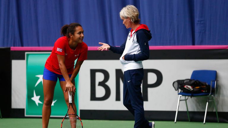 Judy Murray talks with Heather Watson of Great Britain in a practice session during previews for the Fed Cup.