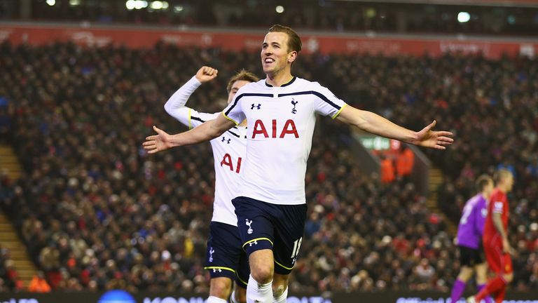 Harry Kane of Tottenham Hotspur celebrates scoring at Anfield