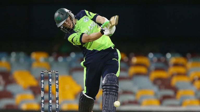 Kevin O'Brien of Ireland bats during the 2015 ICC Cricket World Cup match between Ireland and the United Arab Emirates in Brisbane