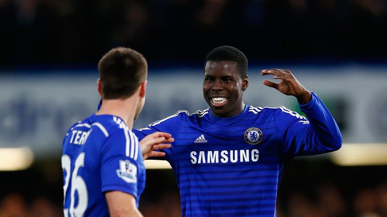 Kurt Zouma of Chelsea celebrates victory with John Terry of Chelsea  during the Capital One Cup Semi-Final second leg against Liverpool