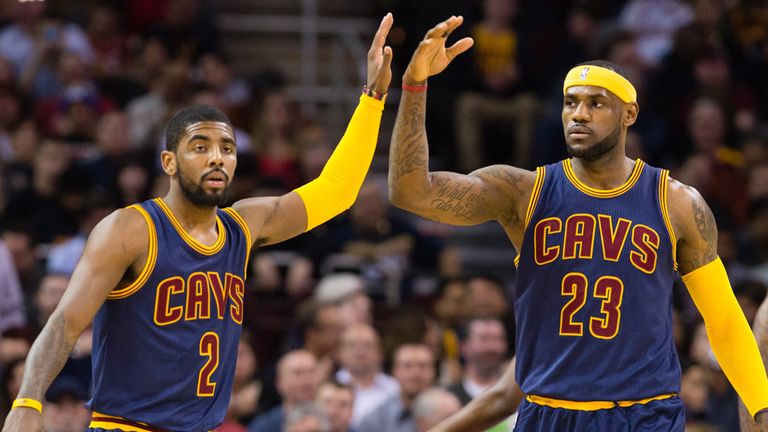 Kyrie Irving #2 and LeBron James #23 of the Cleveland Cavaliers celebrate