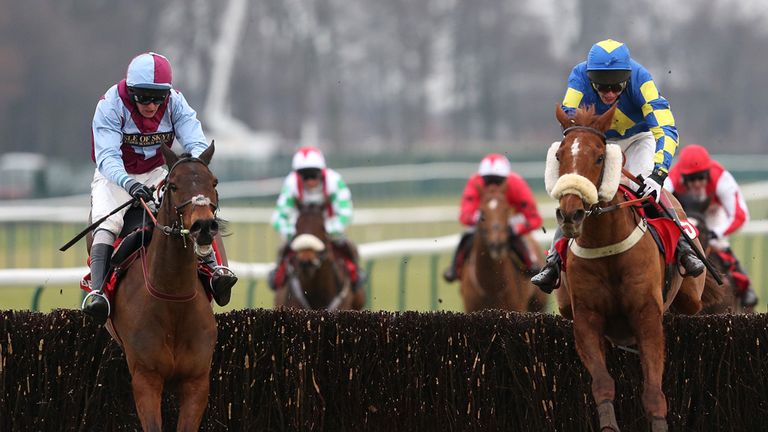 Lie Forrit (left) and Harry The Viking take the final fence together in the Betfred Grand National Trial at Haydock Park.