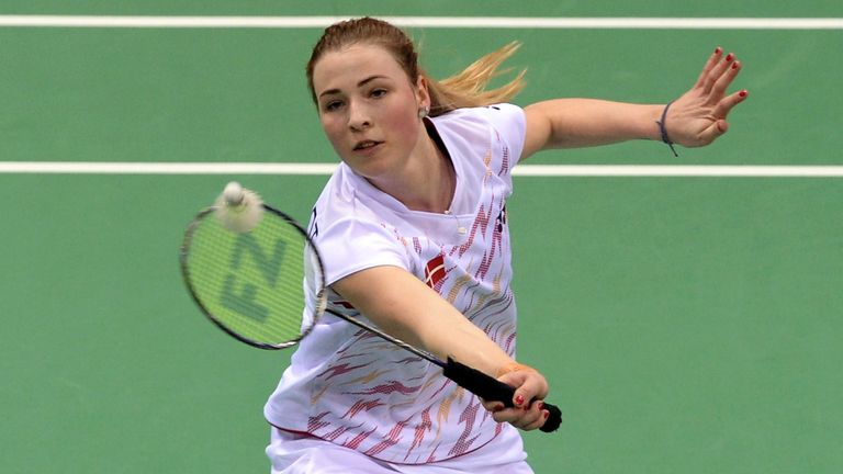 Badminton player Line Kjaersfeldt of Denmark plays a return to opponent Minatsu Mitani of Japan during their Uber Cup badminton Quarter-Final  match at Sir