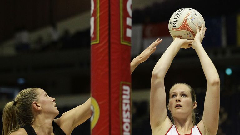 Louisa Brownfield of England shoots for goal during the match between New Zealand and England on day seven of the 2011 World Netball 