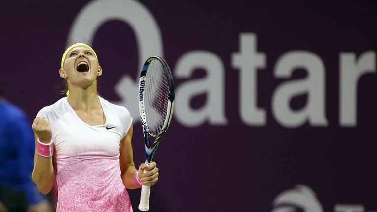 Lucie Safarova of the Czech Republic reacts after winning her match 