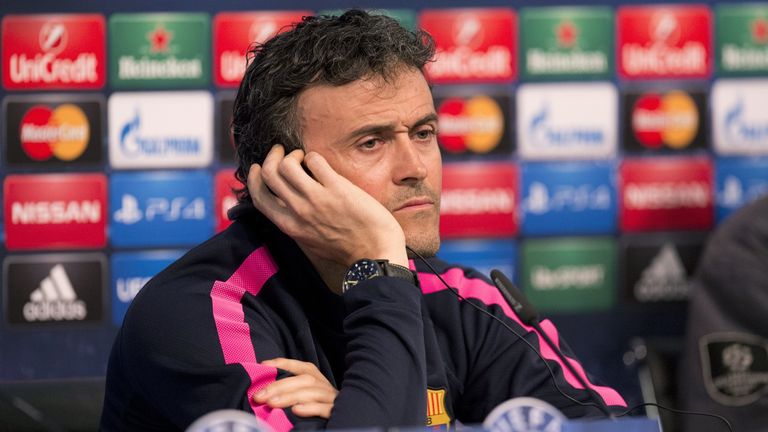 Barcelona's coach Luis Enrique addresses a press conference at the Etihad Stadium in Manchester