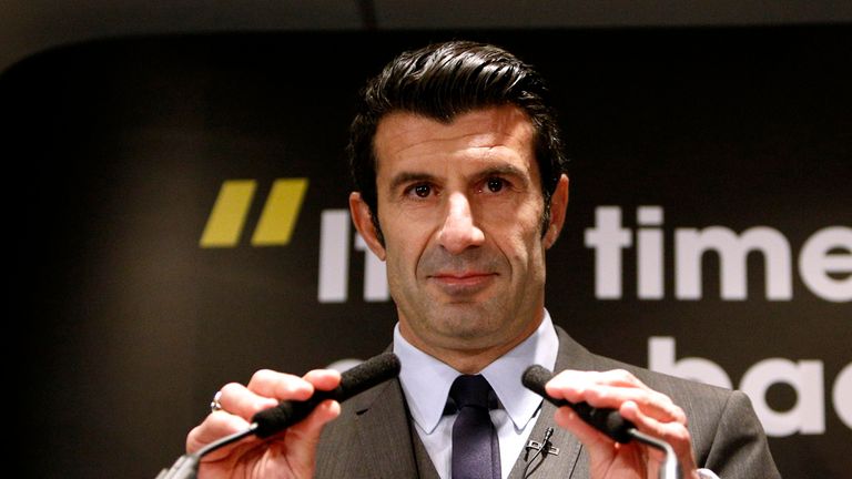 Luis Figo speaks to the media during a press conference at Wembley Stadium, London.