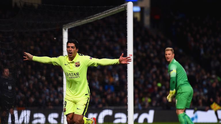 Luis Suarez of Barcelona celebrates scoring their second goal during the UEFA Champions League match against Manchester City