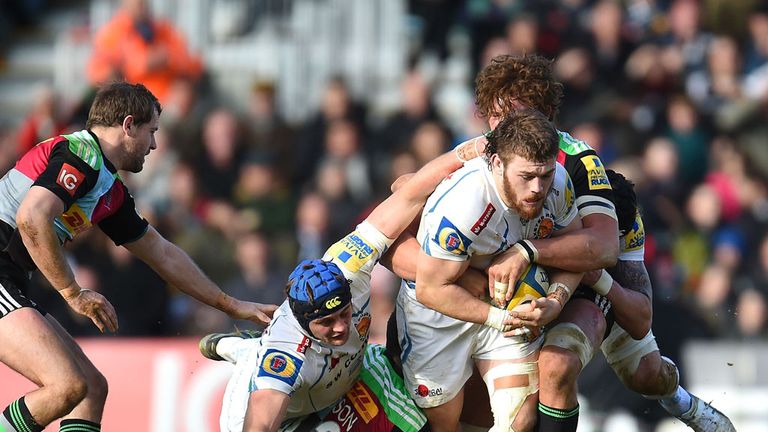 LONDON, ENGLAND - FEBRUARY 21: Luke Cowan-Dickie of Exeter Chiefs in action during the Aviva Premiership match between Harlequins and Exeter Chiefs at the 