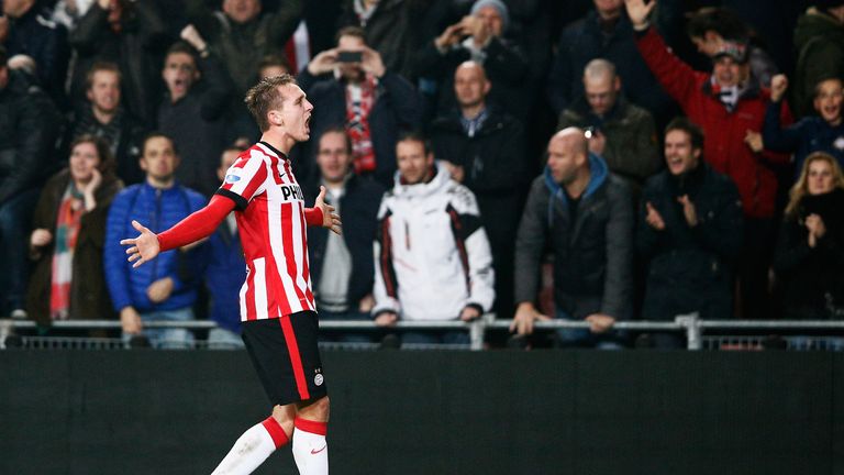 EINDHOVEN, NETHERLANDS - DECEMBER 17:  Luuk de Jong of PSV Eindhoven celebrates scoring his teams third goal of the game during the Eredivisie match betwee