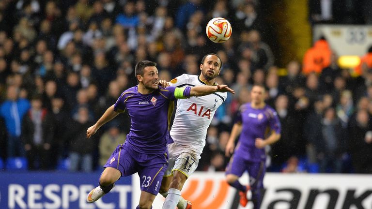 Fiorentina's Manuel Pasqual battles with Tottenham Hotspur's Andros Townsend during the UEFA Europa League round of 32 first leg match at White Hart Lane