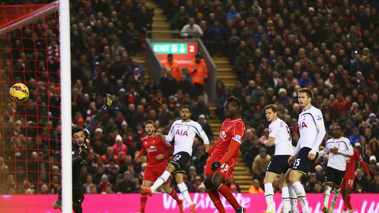 LIVERPOOL, ENGLAND - FEBRUARY 10: Mario Balotelli of Liverpool scores during the Barclays Premier League match between Liverpool and Tottenham Hotspur at A