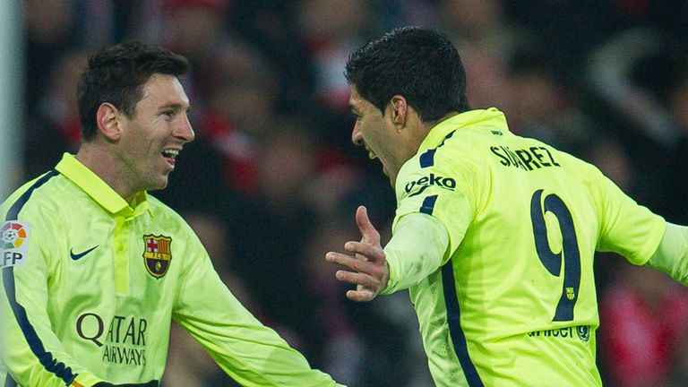 Luis Suarez celebrates with Lionel Messi after scoring his goal in a La Liga match against Athletic Bilbao