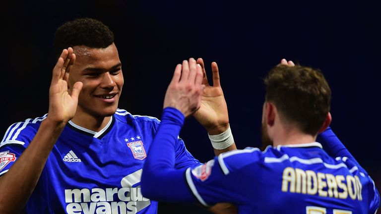 IPSWICH, ENGLAND - FEBRUARY 24:  Tyrone Mings of Ipswich Town (L) celebrates with team mate Paul Anderson as he scores their first goal during the Sky Bet 