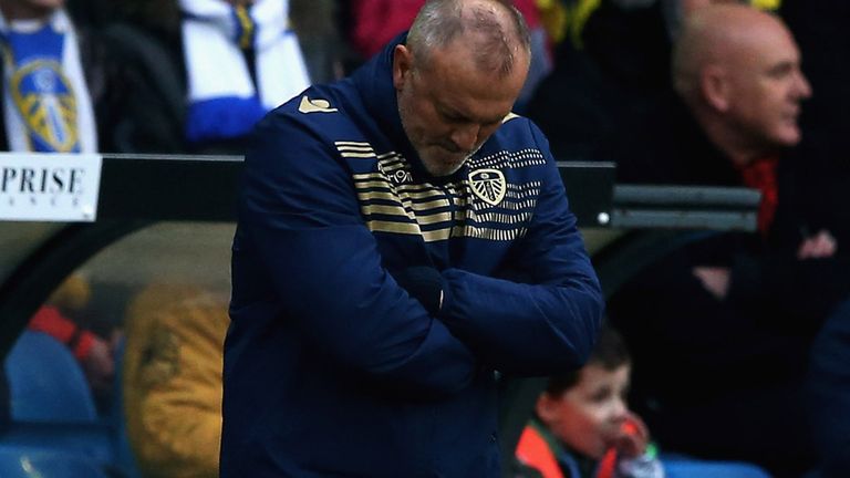 LEEDS, ENGLAND - FEBRUARY 14:  Neil Redfern, manager of Leeds looks on during the Sky Bet Championship match 
