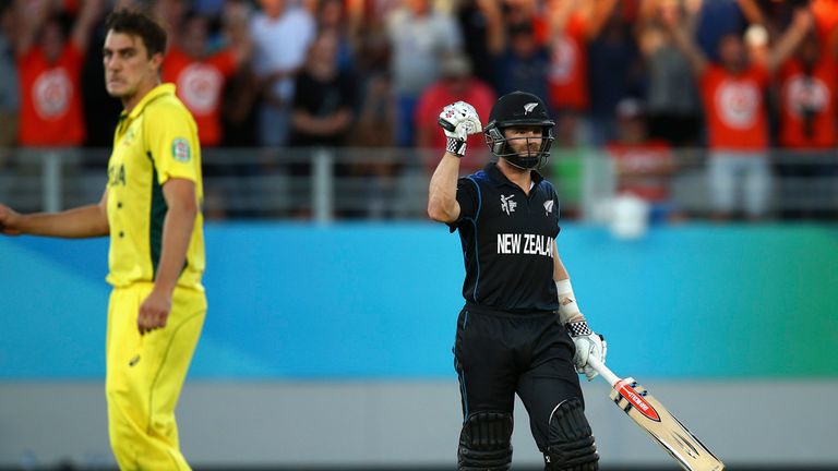 Kane Williamson celebrates after sealing victory with a six off Pat Cummins
