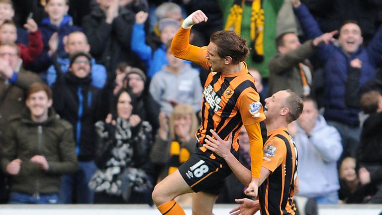 Hull City's Nickica Jelavic celebrates his goal during the Barclays Premier League match at the KC Stadium, Hull.