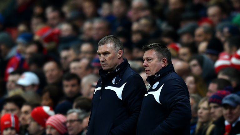 Nigel Pearson, manager of Leicester City looks on next to his assistant Craig Shakespeare