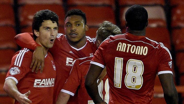 Britt Assombalonga celebrates after opening the scoring against Wigan