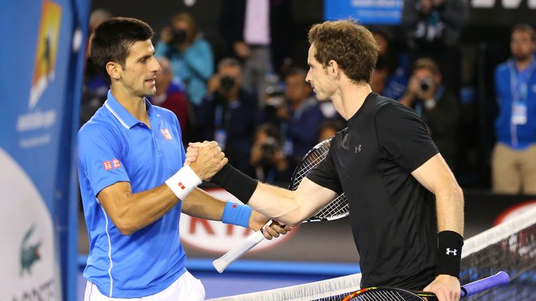 Novak Djokovic of Serbia and Andy Murray of Great Britain at the net after Novak Djokovic won their men's final match in the Australian Open final
