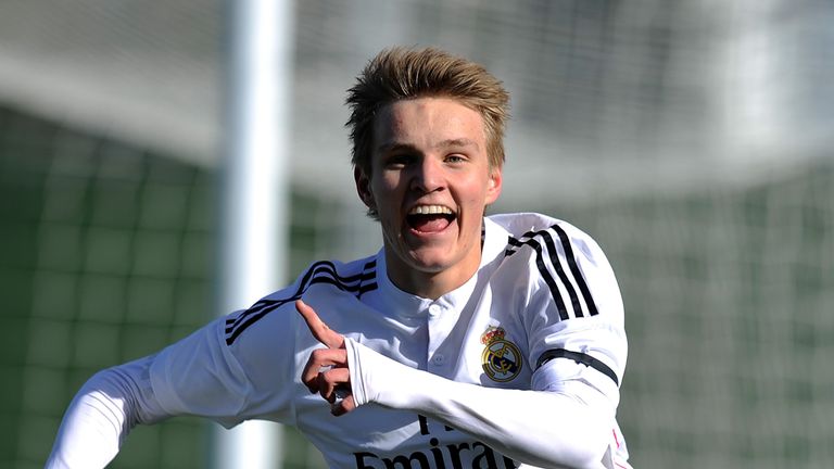 Martin Odegaard of Real Madrid Castilla celebrates after scoring his team's opening goal during the Segunda Division B match 