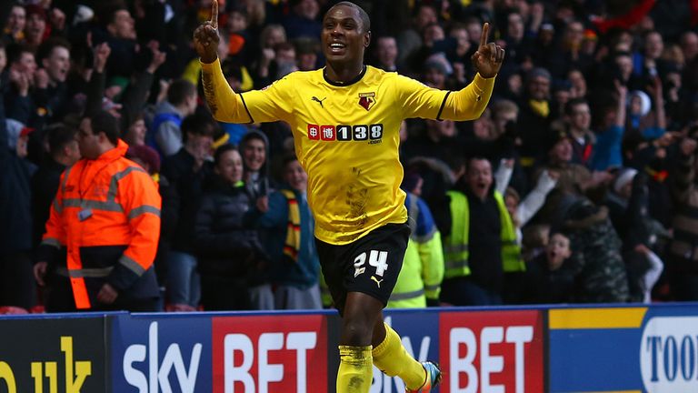 Watford's Odion Ighalo celebrates after scoring against Blackpool during January