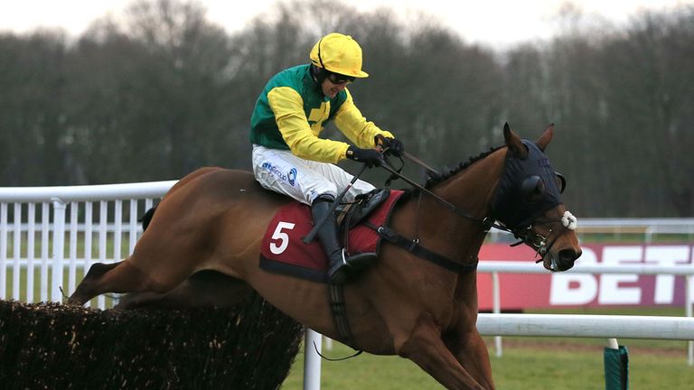 Oscar Fortune, ridden by Dougie Costello, jumps the last fence to win The Betfred Home Of Goals Galore Novices' Limited Handicap Chase at Haydock.