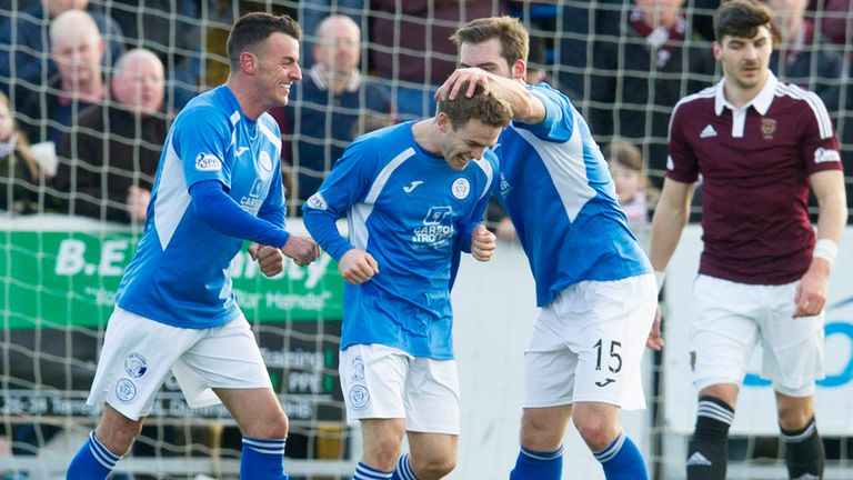 Daniel Carmichael (centre) celebrates after firing Queen of the South ahead against Scottish Championship leaders Hearts at Palmerston Park on Saturday