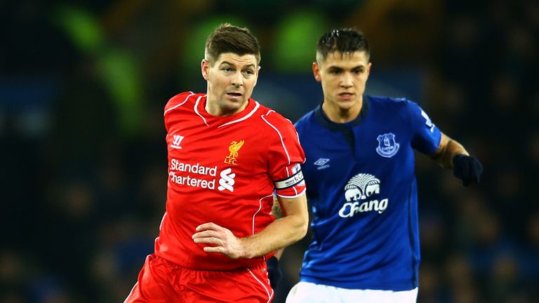 Steven Gerrard of Liverpool in action during the Barclays Premier League match between Everton and Liverpool at Goodison