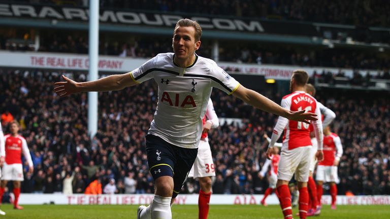 Harry Kane celebrates after scoring against Arsenal in the north London derby