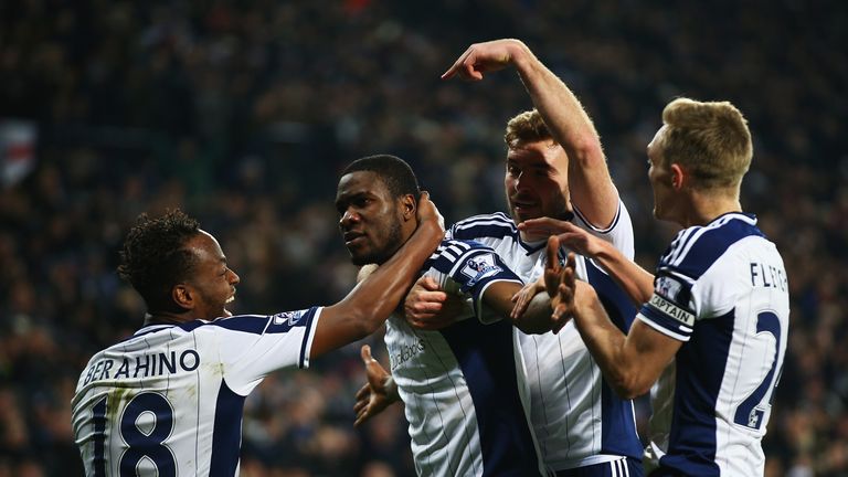 West Brom's Brown Ideye scores the first goal of the game against Swansea