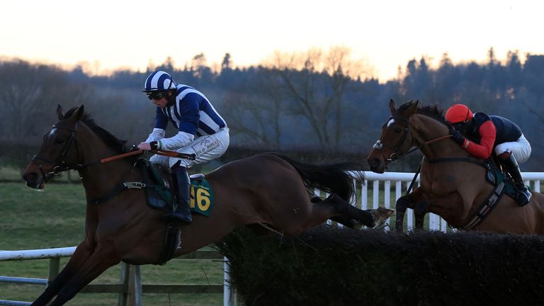 Teaforthree ridden by Jamie Codd clears the last and wins the The Bet on Your Mobile @ Corbettssports Open Hunters Chase at Bangor-On-Dee Racecourse.