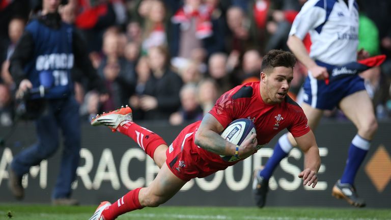 Rhys Webb goes over to score a try during the Six Nations 