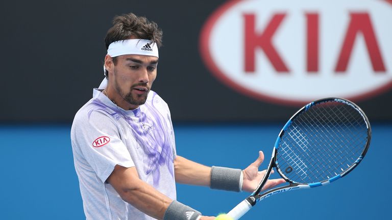 MELBOURNE, AUSTRALIA - JANUARY 20:  Fabio Fognini of Italy plays a backhand in his first round match against Alejandro Gonzalez of Colombia during day two 