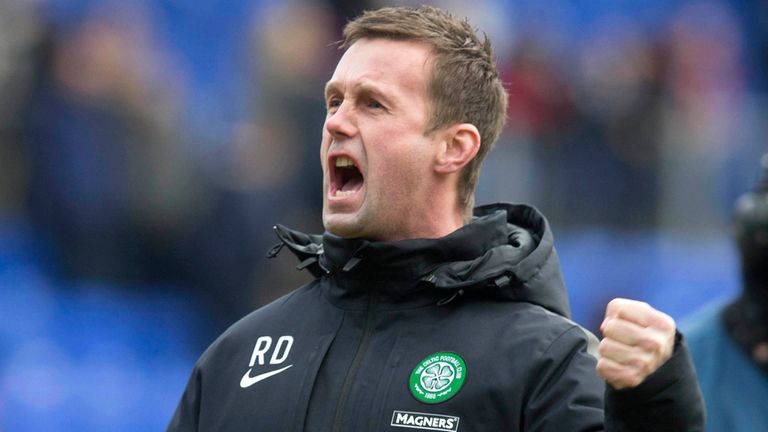 Celtic manager Ronny Deila celebrates at the final whistle during the Scottish Premiership game at McDiarmid Park, Perth.