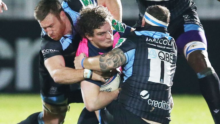 Rory Watts-Jones: Cardiff Blues flanker is tackled by two Glasgow players