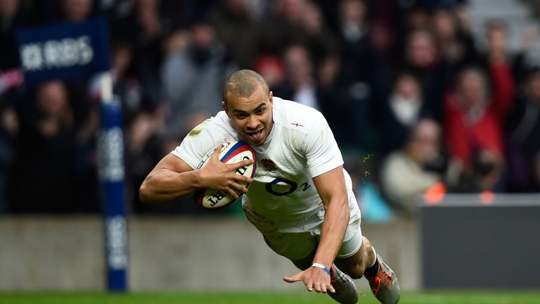 Jonathan Joseph of England goes over to score his team's second try