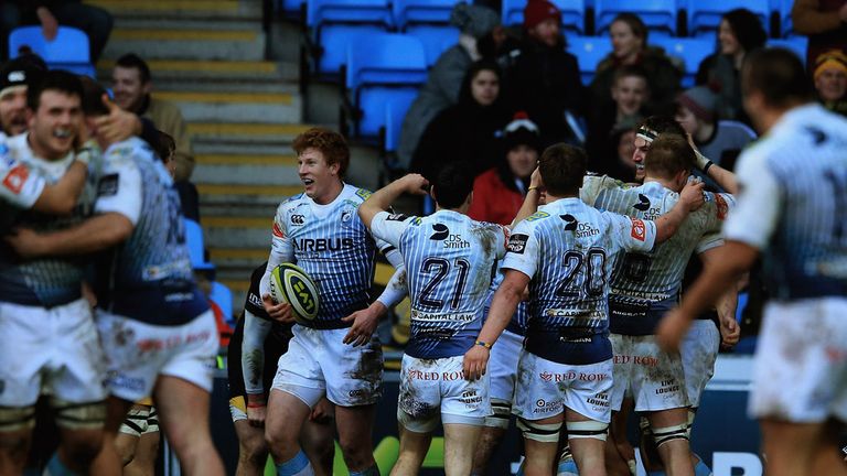 COVENTRY, ENGLAND - FEBRUARY 01:  Cardiff Blues players celebrate their victory over Wasps during the LV= Cup match between Wasps and Cardiff Blues at Rico