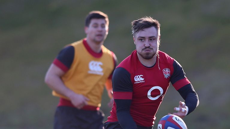 BAGSHOT, ENGLAND - FEBRUARY 17:  Jack Nowell passes the ball during the England training session held at Pennyhill Park on February 17, 2015 in Bagshot, En