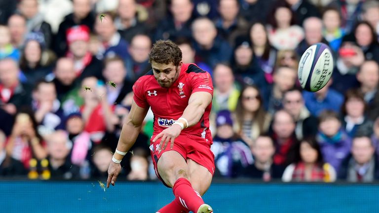Leigh Halfpenny of Wales kicks a penalty to open the scoring during the RBS Six Nations match between Scotland and Wales