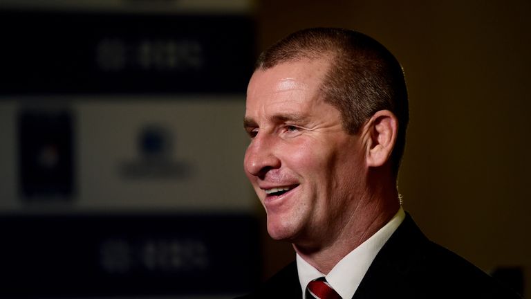 LONDON, ENGLAND - JANUARY 28:  Stuart Lancaster the coach of England speaks to the media during the launch of the 2015 RBS Six Nations at the Hurlingham cl