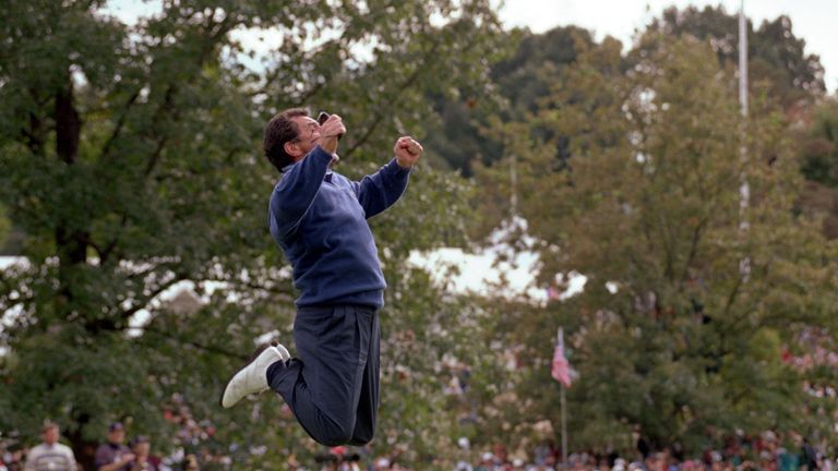 Jumping for joy: Gallacher saw Europe lift the trophy in 1995