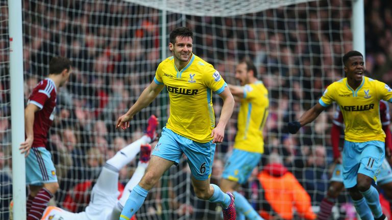  Scott Dann of Crystal Palace (6) celebrates as he scores their second goal during the Premier League match between Palace and West Ham