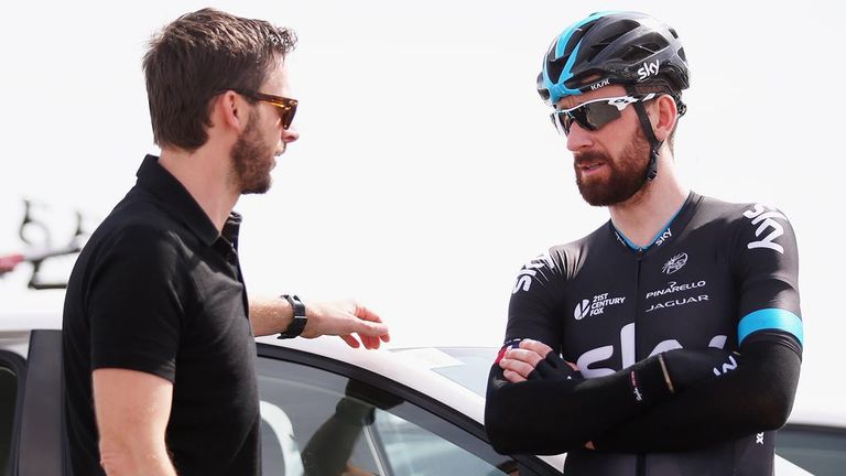 Sir Bradley Wiggins chats to Servais Knaven at the Tour of Qatar this week