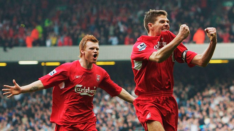 Steven Gerrard of Liverpool celebrates his goal with John Arne Riise during the FA Barclays Premiership match against Everton in March 2005