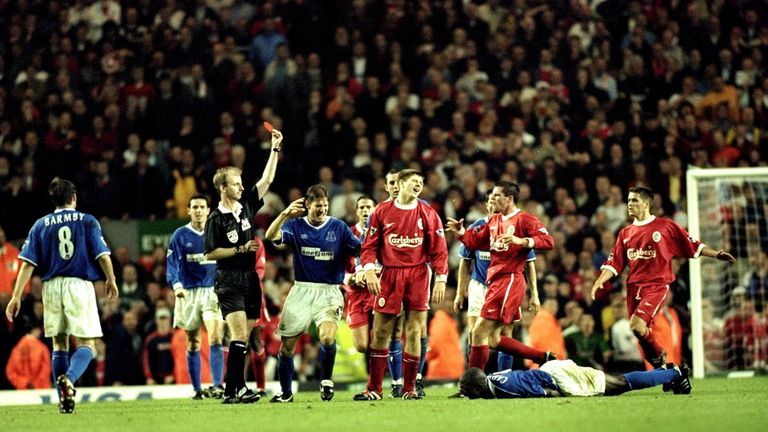 Steven Gerrard of Liverpool is shown the red card after his foul on Everton's Kevin Campbell during the FA Premier League match in September 1999